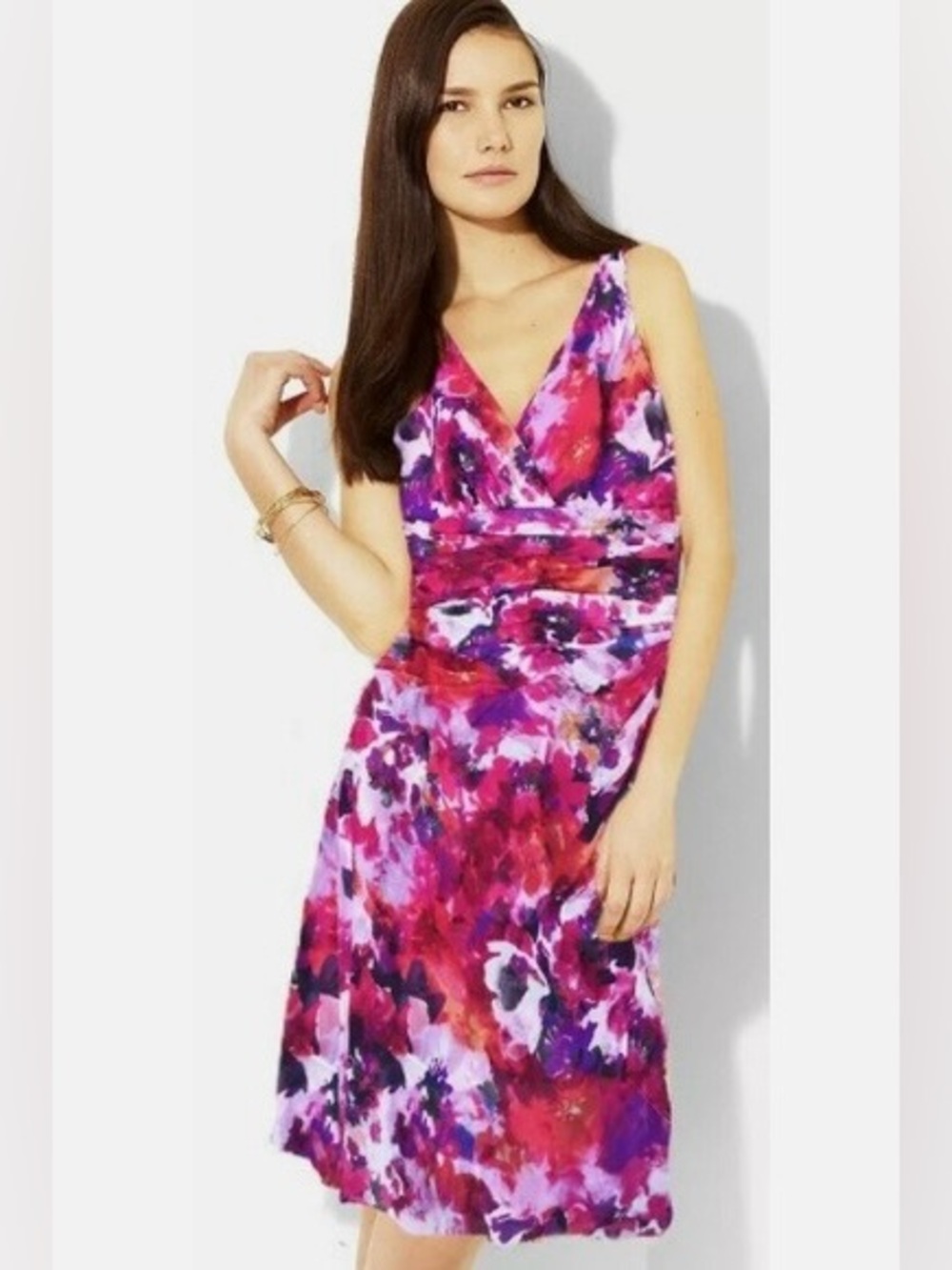 Lauren Ralph Lauren Cocktail Dress Silk Sleeveless V-Neck Ruched